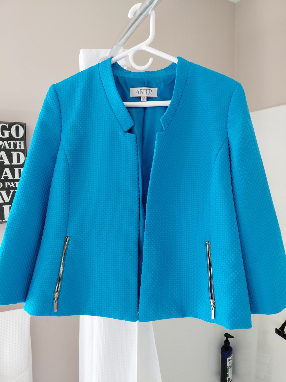 Kasper Petite Bright Teal Collarless Zip-Accent Blazer
